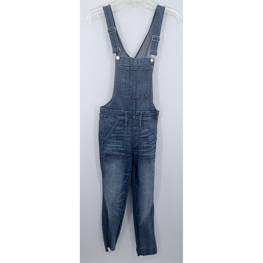 Madewell Overalls Women XS Blue Skinny Denim Raw Hem Zip Side Pocket Utility